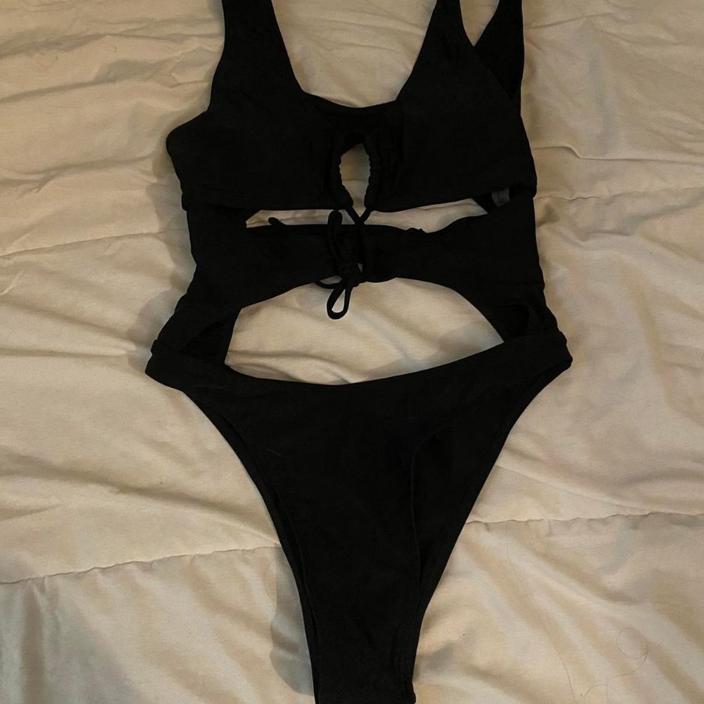 Black cut out tie front one piece swimsuit